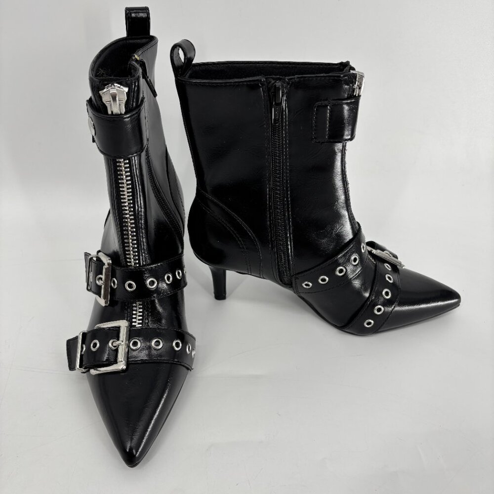 Wild Pair Women's Moonbeam Leather Buckle Heel Booties Black Crinkle Size 6M NWB - Picture 3 of 9